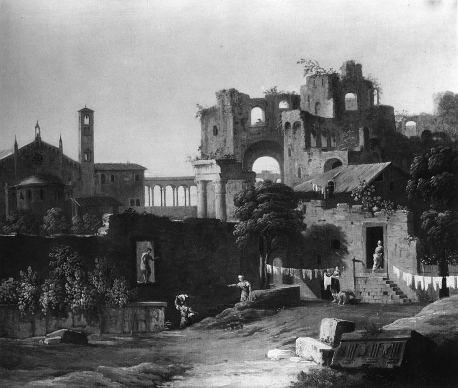 Veduta ideale con lavandaie, architetture e rovine